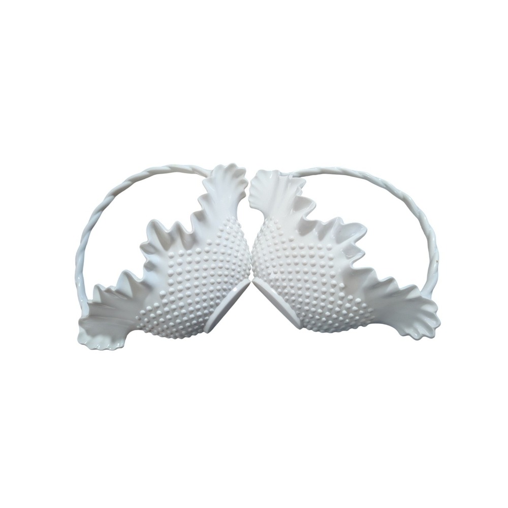 White Burwood Hobnail Fenton Art Plastic Basket MCM LXXXIV 2673 2PC‎ F1